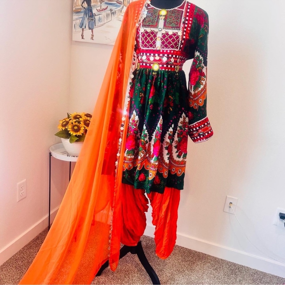 Vibrant Multicolor Traditional Dress with Orange Dupatta S-M-L, available
